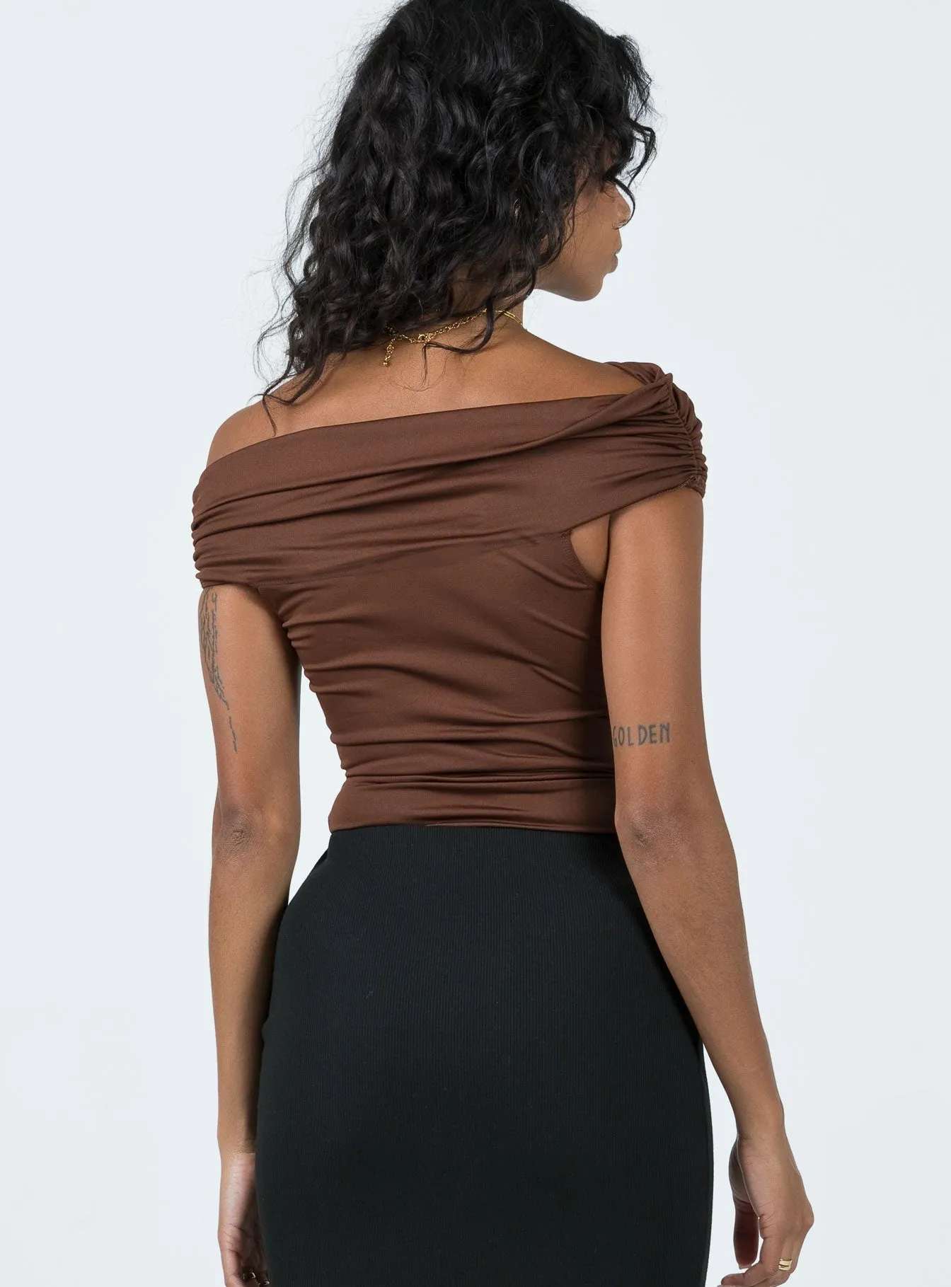 fashion blogger bodysuit Stocklin Off Shoulder Bodysuit Chocolate