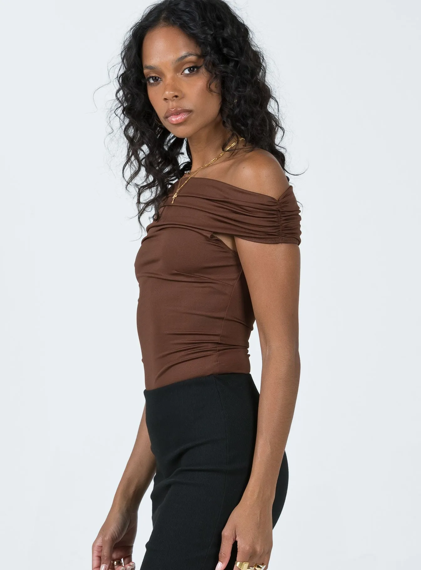 daily bodysuit closet staple bodysuit Stocklin Off Shoulder Bodysuit Chocolate