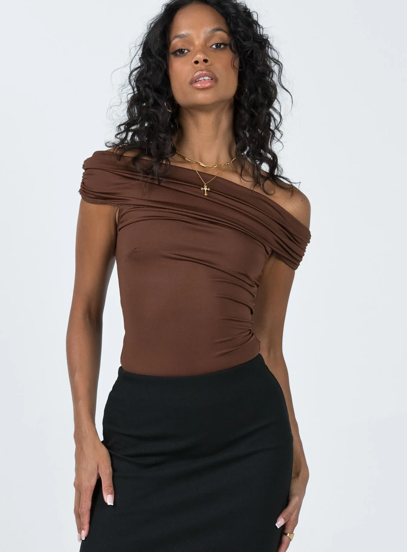 polyester bodysuit clubwear bodysuit Stocklin Off Shoulder Bodysuit Chocolate