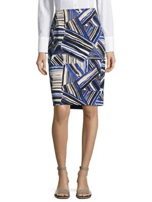 Women's Abstract Printed Back Slit Pencil Skirt,Blue High Waist Gentle Wear