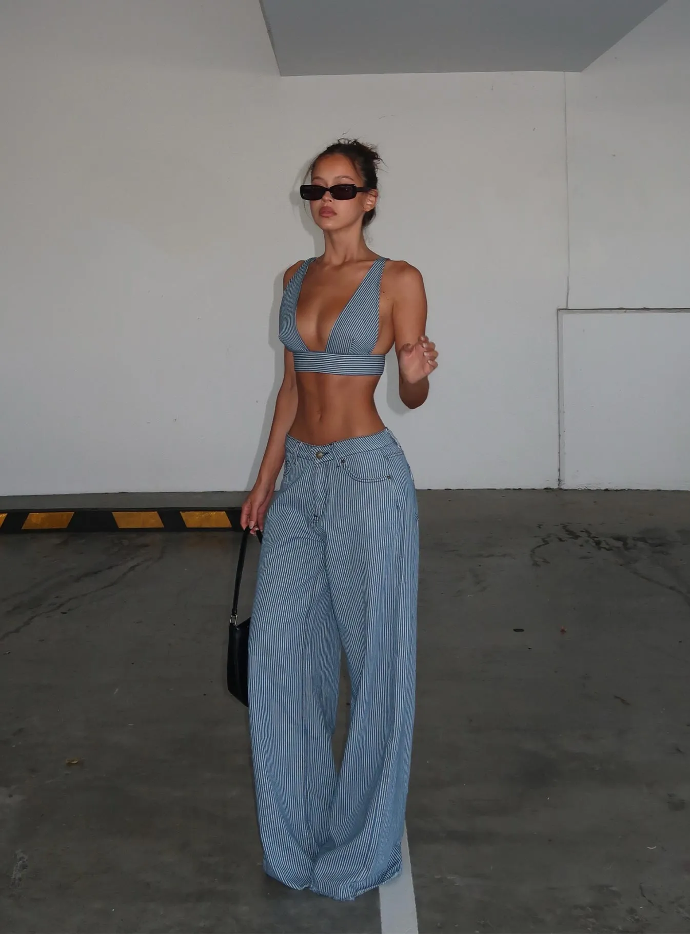 Fashionable Waist Eivissa Baggy Jeans Blue Denim Stripe