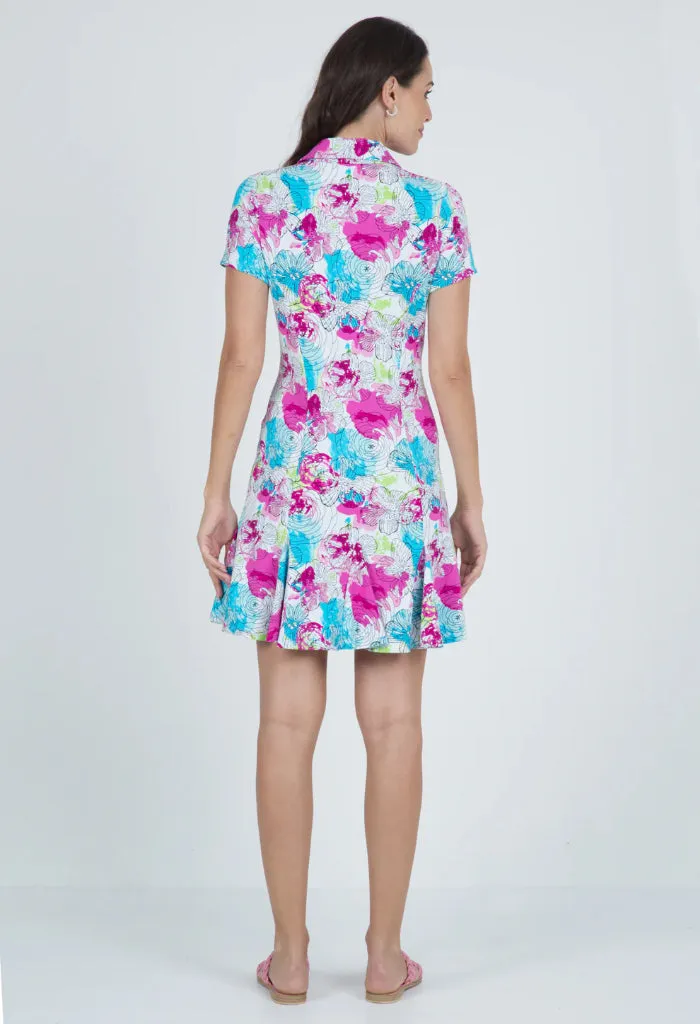 Contemporary Wear Modern and Feminine New Ibkul Paddy Print Short Sleeve Godet Dress MSP $128