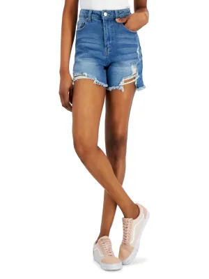 Light Stretch Design Soft Inner Lining Women's Ripped Washed Mom Denim Short,Blue