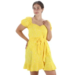 Women's Floral Puff Sleeve Short Dress with Belt ,Yellow Easy-Storage Versatile Piece