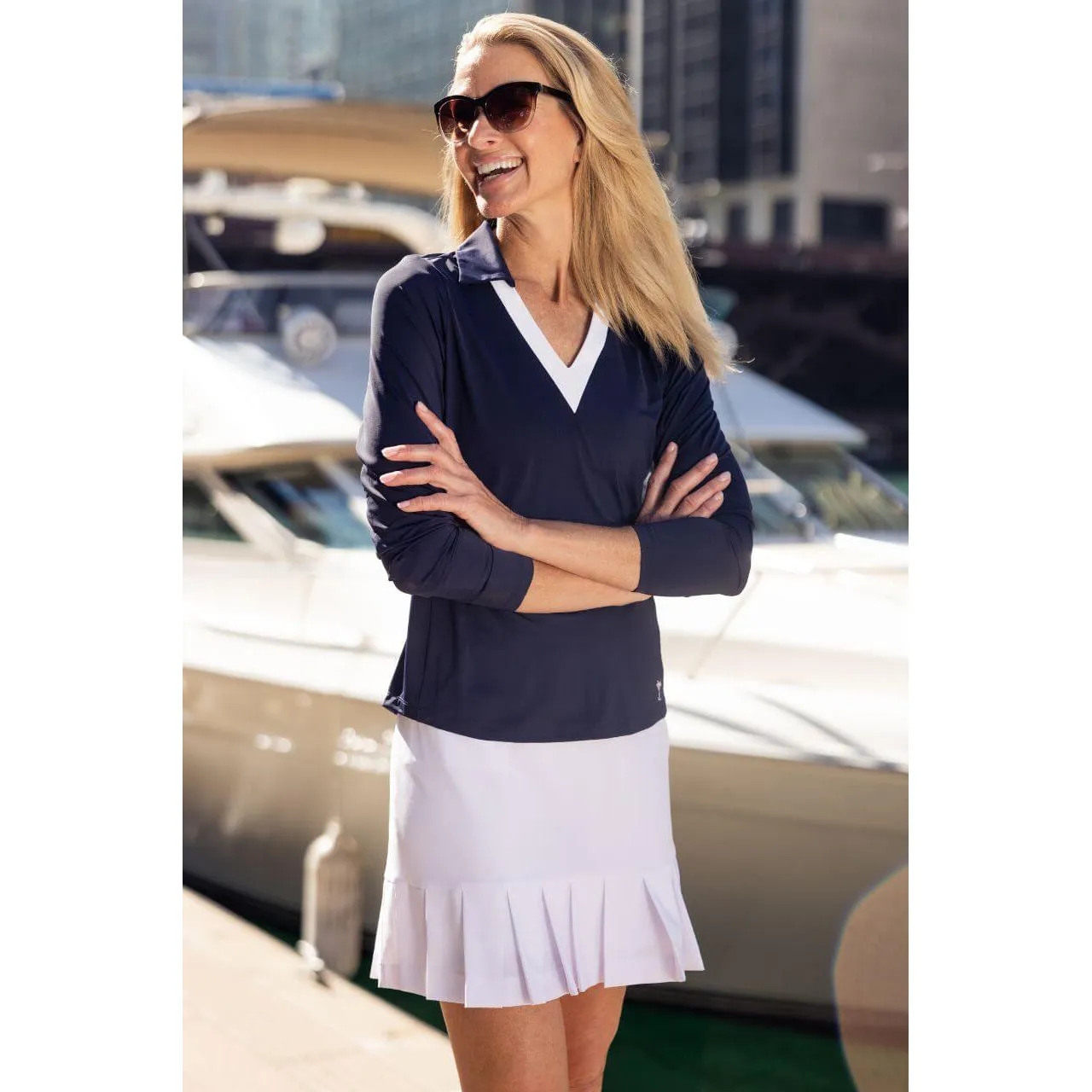 Saga Vibe Comfortable Hoodie Golftini Women's Say Yes Long Sleeve Golf Polo Shirt - Navy/White
