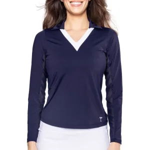 DurableThreadwork Golftini Women's Say Yes Long Sleeve Golf Polo Shirt - Navy/White